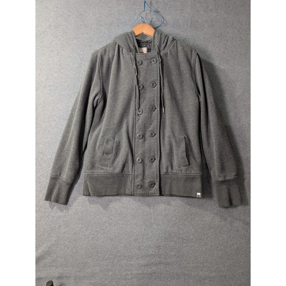 Roxy Faux Fur Lined Hooded Jacket Women's XL Gray Full Zip Button Front Cozy